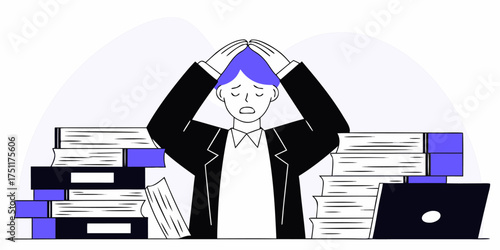 Overwhelmed Person Holding Head at Desk Vector Illustration in Modern Flat Style