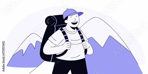 Happy Hiker with Backpack Enjoying Adventure in Mountains Outdoors Backpacking Trekking