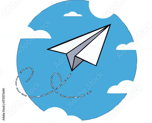 A paper airplane flying through a blue sky with dotted trail