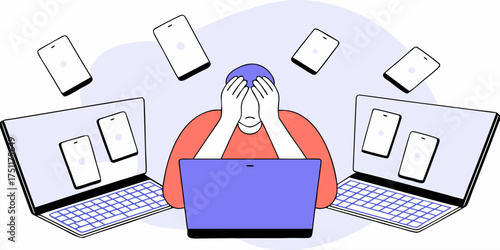 Person Surrounded by Electronic Devices Showing Stress Overload Tech Overwhelmed Communication