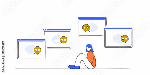Digital Communication Overload Illustration with Woman Amidst Messages, Windows, and Chat Bubbles