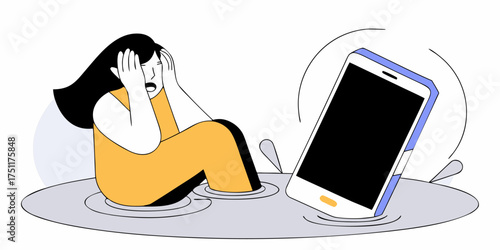 Woman Frustrated with Wet Mobile Phone Sadness Minimalist Flat Vector Design