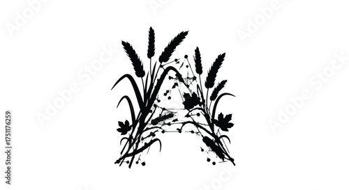 Elegant letter A silhouette composed of natural elements like leaves and reeds