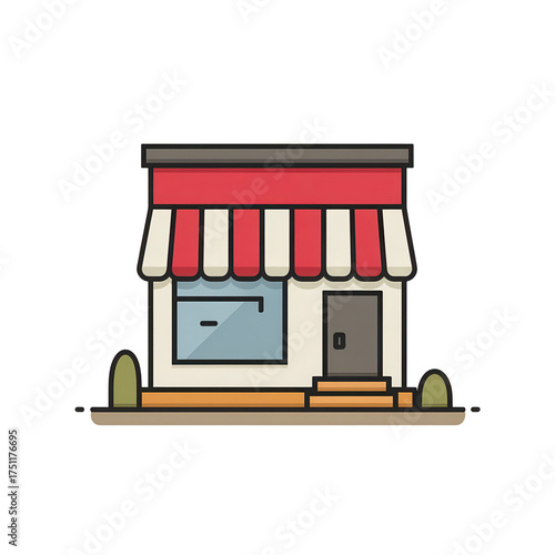 High quality photo of a charming storefront with a red striped awning and a welcoming entrance isolated on transparent background