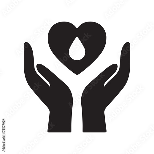Hands holding a heart with a blood drop, a black silhouette icon for blood donation and charity