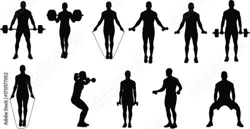Gym workout silhouette vector, fitness exercise poses, weightlifting barbell, jump rope training, dumbbell lifting, squat workout, healthy physique illustration, male female