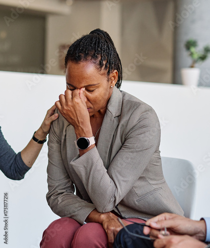 Group psychotherapy. Persons sitting in circle and talking. People meeting. Psychotherapy training, business lecture or conference. Man woman support group