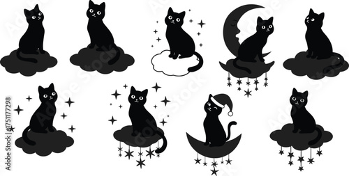 Black cat illustration, celestial moon scene, whimsical feline art, dreamy cloud design, cartoon style, night stars, magical pet concept, holiday touch