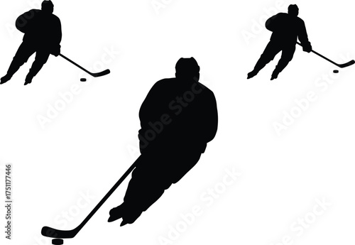 Ice, hockey, player, silhouette, sport, athlete, skating, stick, puck, action, motion, game, competition, fitness,  