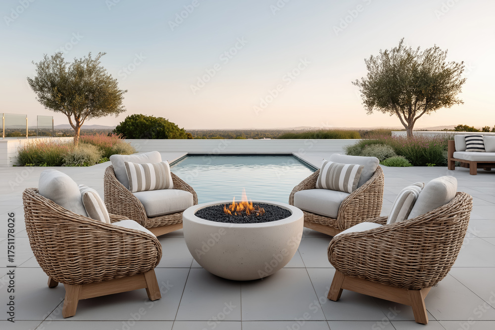 Fototapeta premium Cozy outdoor lounge chairs around round fire pit by modern pool at sunset, serene backyard