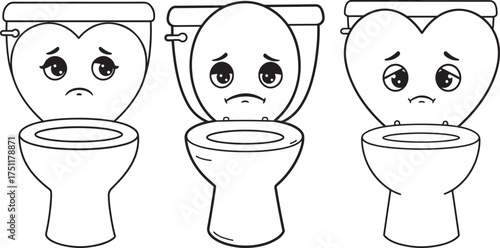 Three sad heart shaped toilet characters with distressed facial expressions silhouette