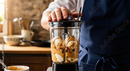 Chef blending ice cream and peanut butter in blender