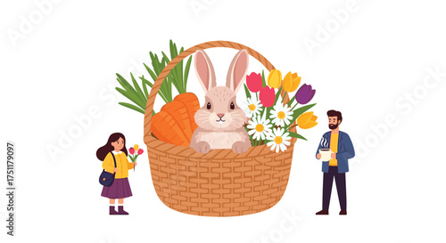 Delightful Easter surprise with bunny, carrots, and vibrant tulips in a basket, as a happy girl brings flowers to a man with coffee, festive spring
