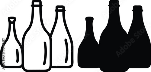 Vector silhouette illustration of an isolated red wine bottle and glass on white background