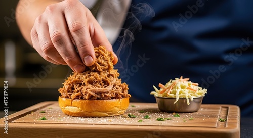 Chef Placing Pulled Pork on Fresh Bun with Coleslaw, Gourmet Sandwich, BBQ Pulled Pork, Street Food, Culinary Food Illustration
