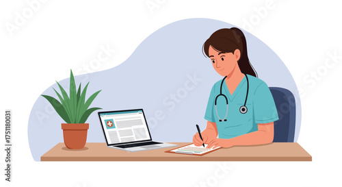 Dedicated nurse practitioner diligently taking notes while reviewing patient information on her laptop at her modern medical office desk for healthcare solutions