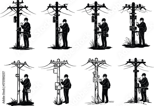 Utility worker silhouette, electrical pole maintenance, communication line inspection, junction box repair, urban infrastructure service, safety gear illustration