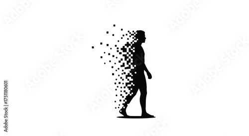 Silhouette of a person dissolving into digital pixels, representing transformation and data.