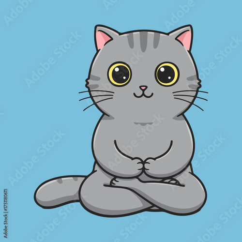 Cute kawaii tabby cat cartoon meditating peacefully