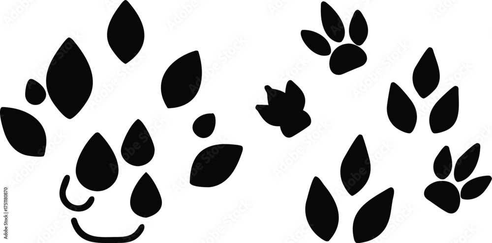 Fototapeta premium Seamless vector pattern of abstract black and white leaves and paw footprints for a natural animal print wallpaper design