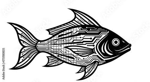Illustration of a fish integrated with technology, representing digital ecosystems and data flow