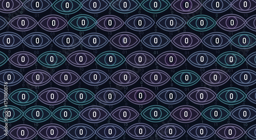 Abstract digital pattern of repeating eyes with zero symbols creating a futuristic and technological aesthetic