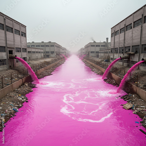 Industrial pollution causing massive environmental damage shown through pink water flow