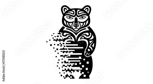 Stylized bear motif, intricate tribal patterns merging with a modern pixelated effect, illustrating the timeless essence of wild spirit in a digital age