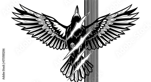 Symbolic black raven with spread wings and aggressive claw marks. A powerful monochrome graphic illustration of wildness and freedom