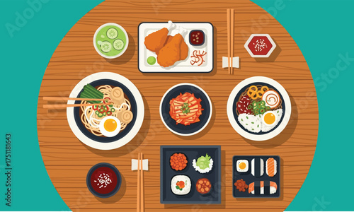 Top-down view of a vibrant Asian food feast, a flat design illustration featuring ramen, sushi, kimchi, and fried chicken on a round wooden table