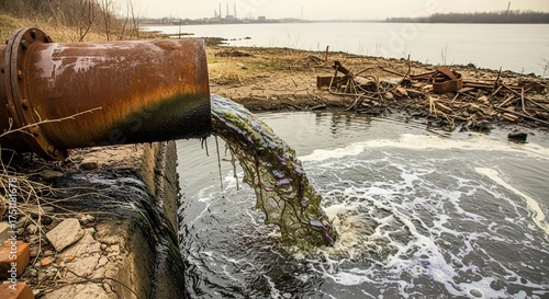 Industrial pollution discharging waste into river damaging the ecosystem and environment