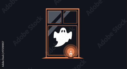 Spooky Halloween night with friendly ghost visiting by candlelight at the window, perfect for seasonal promotions and festive campaigns