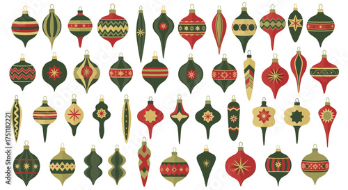 Charming vintage Christmas ornament collection in festive red, green, and gold tones to bring retro holiday cheer to your seasonal projects