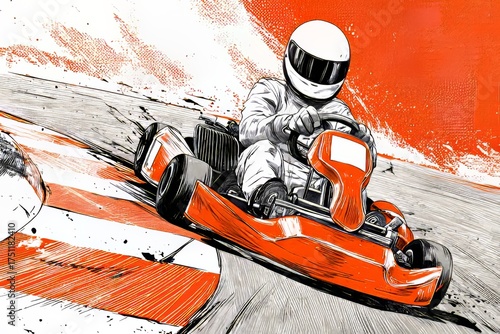 Go-kart racer on track in red kart, dynamic motorsport illustration with speed and motion, helmet driver cornering on orange racing background, adrenaline art
