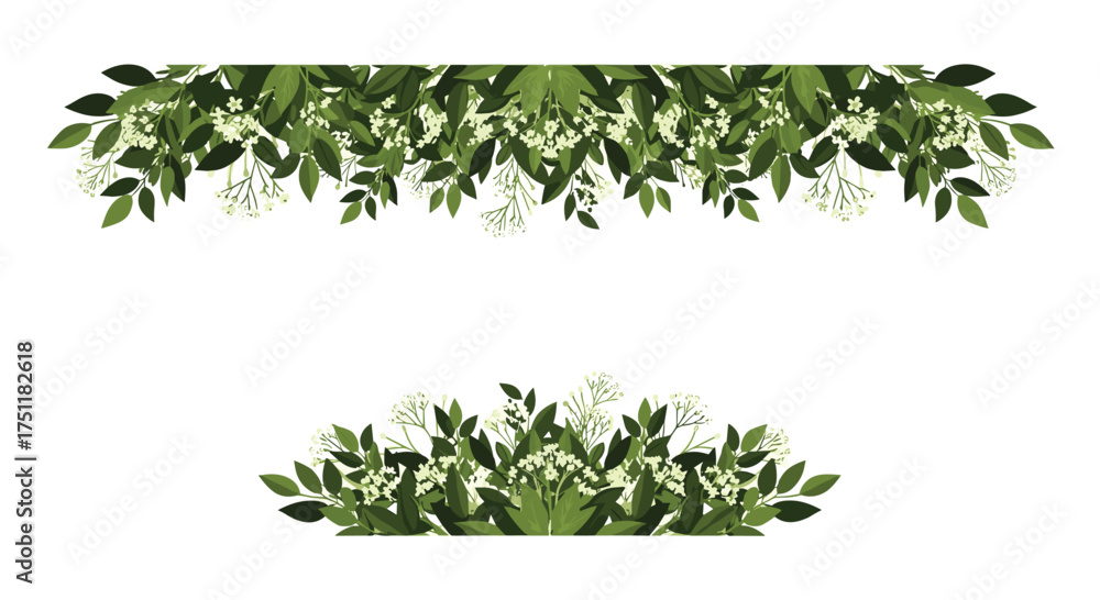 Obraz premium Elegant floral borders with lush green leaves and delicate white flowers, perfect for invitations, stationery, and adding a touch of natural beauty