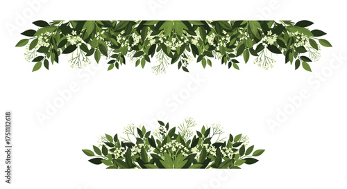 Elegant floral borders with lush green leaves and delicate white flowers, perfect for invitations, stationery, and adding a touch of natural beauty