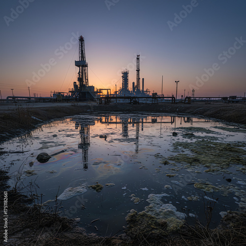 Oil rig structures silhouetted against sunset sky reflected in polluted water