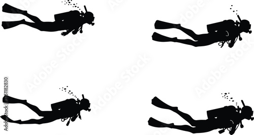 Scuba, diving, silhouette, diver, underwater, bubbles, fins, oxygen tank, mask, marine, ocean, exploration, activity, sport, hobby, lifestyle, nature, adventure, aquatic, illustration