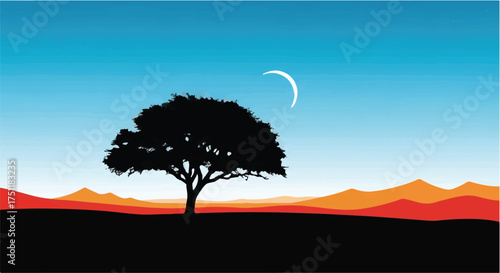 Silhouette of an acacia tree against a vibrant desert sunset with a crescent moon.