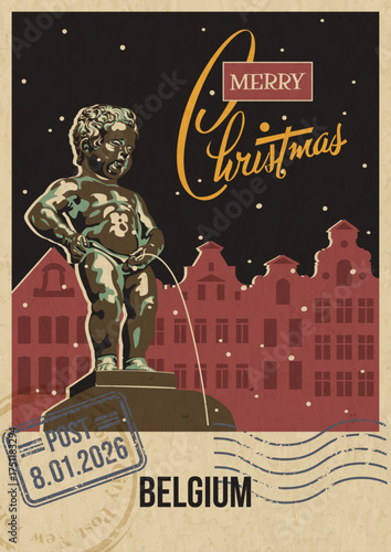 Merry Christmas Belgium Main Attraction Greeting Card. Manneken Pis in Brussels, Retro Postcard Style Greeting Card. Aged Paper Texture, Vintage Colors, Snow