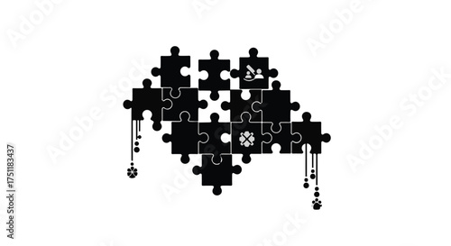Abstract puzzle pieces forming a complex network with symbolic icons and dripping elements