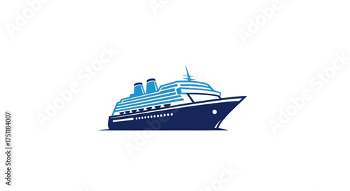 A sleek modern blue and white cruise ship sailing on the water.