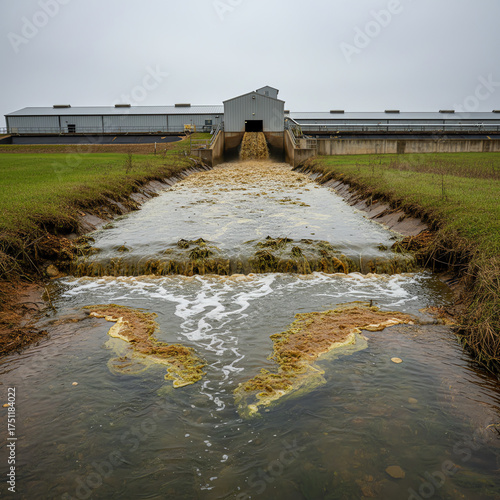 Wastewater discharge from a treatment facility flowing into a natural waterway on cloudy day