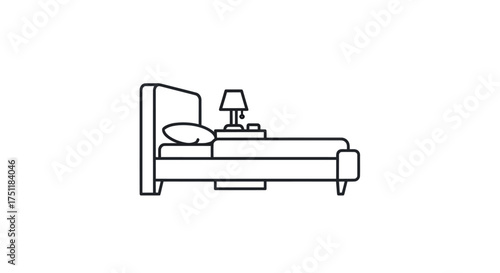 Minimalist Line Art Bed with Nightstand and Lamp Icon.