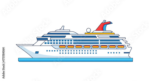 A detailed illustration of a large white passenger cruise ship with multiple decks and lifeboats.