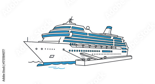 Large passenger cruise ship docked at pier line art illustration.