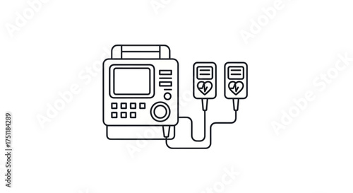 Medical Defibrillator Machine with Paddles Line Art Icon.