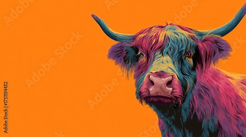 A colorful Highland cow portrait against a vibrant orange background.