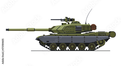 Modern Military Tank with Long Gun Barrel and Turret.