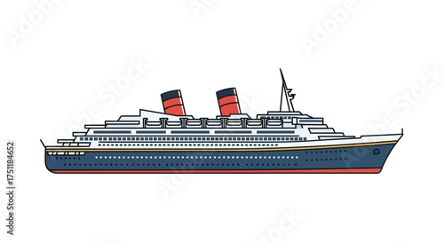 Vintage ocean liner illustration with a blue hull and two red and black funnels.